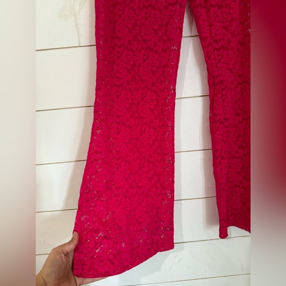 NWOT Free People All Day Lace Women’s Fuchsia Sheer Flare Coquette Pants Sz L - Picture 3 of 7